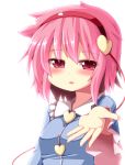  1girl blush hairband heart highres komeiji_satori looking_at_viewer ominaeshi_(takenoko) open_mouth outstretched_arm outstretched_hand pink_eyes pink_hair shirt simple_background solo touhou white_background 