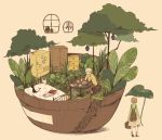  1boy 1girl bed black_cat book bottle bread cabinet cat egg food grass highres lantern lead leaf leaf_umbrella original plant potted_plant refrigerator rikuwo table teapot toast tree_stump 