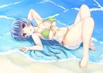  1girl barefoot beach bikini blue_eyes blue_hair blush breasts long_hair lying navel on_back solo swimsuit water wet yukiuta_sahiro 