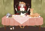  :q bird bow bread brown_eyes brown_hair chick chicken double_bun dress egg fawn food fork french fruit glass grapes hair_bow ichiko knife mouse mushroom napkin original plate rabbit radish table tablecloth tongue tray 