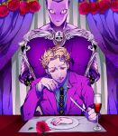  1boy blonde_hair cup fork formal highres jojo_no_kimyou_na_bouken killer_queen kira_yoshikage knife licking_lips mate_bou necktie severed_hand stand_(jojo) suit wine wine_glass 