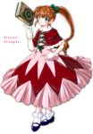  1girl biscuit_krueger blue_eyes blush bobby_socks book brown_hair capelet character_name dress drill_hair gloves hair_ribbon hand_on_hip hunter_x_hunter long_hair looking_at_viewer mary_janes ponytail red_dress ribbon shoes socks solo standing tusk0315 white_legwear 