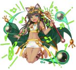  1girl animal_ears ankle_lace-up anklet barefoot bastet_(p&amp;d) brown_hair cat_ears cat_tail cross-laced_footwear crown dark_skin egyptian fang green_eyes instrument jewelry komoriuta midriff open_mouth puzzle_&amp;_dragons tail 