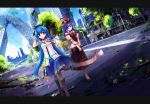  2girls adapted_costume blue_hair boots dress dutch_angle hands_together hat highres hinanawi_tenshi letterboxed long_hair multiple_girls nagae_iku purple_hair red_eyes ribbon_choker short_hair shuizao_(little_child) touhou tree walking 