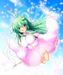  1girl ^_^ absurdres alternate_color blue_sky blush breasts closed_eyes frog_hair_ornament gohei green_hair hair_ornament hair_ribbon highres kochiya_sanae large_breasts long_hair open_clothes open_shirt osashin_(osada) ribbon sky sleeves_past_wrists smile snake_hair_ornament solo touhou wide_sleeves wink yellow_eyes 