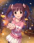  1girl :d bare_tree bench blush brown_eyes brown_hair idolmaster idolmaster_cinderella_girls jewelry looking_at_viewer necklace night night_sky ogata_chieri open_mouth skirt sky smile snow snowflakes snowing sunset tagme tree twintails 