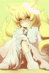  1girl animal_ears blonde_hair blush dearmybrothers dress fox_ears fox_tail green_background highres long_sleeves multiple_tails short_hair solo tail touhou yakumo_ran yellow_eyes young 