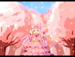  1girl bow cherry_blossoms dress flower hair_bow haru_(kamamau) kamamau large_bow letterboxed long_hair open_mouth original petals pink_dress pink_hair solo tree 