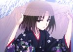  1girl black_eyes black_hair floral_print japanese_clothes kara_no_kyoukai kimono matsuryuu ryougi_shiki see-through short_hair solo veil 