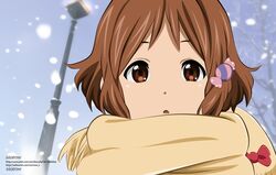  1girl brown_eyes brown_hair candy hair_ornament hairclip highres lamppost makino_kanna morrow_(artist) scarf short_hair tamako_market watermark 