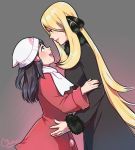  2013 2girls :d age_difference black_hair blonde_hair blue_eyes eye_contact height_difference hikari_(pokemon) long_hair looking_at_another magical_ondine multiple_girls open_mouth pokemon pokemon_(game) pokemon_dppt profile scarf shirona_(pokemon) signature smile very_long_hair winter_clothes yuri 