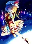  1girl blonde_hair dress flandre_scarlet glowing glowing_wings hat hat_ribbon looking_at_viewer nishina_(alive001) petals petticoat puffy_sleeves red_dress red_eyes ribbon shirt short_sleeves side_ponytail solo touhou wings 
