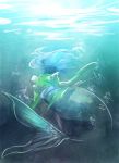  1girl blue_hair japanese_clothes long_sleeves mak_(kainemaru) mermaid monster_girl obi solo touhou underwater wakasagihime wide_sleeves 