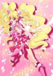  1girl :d blonde_hair boots choker corset cure_peach earrings fresh_precure! frilled_skirt frills hair_ornament hairpin heart highres jewelry long_hair magical_girl momozono_love open_mouth pink_eyes precure skirt smile solo thigh-highs thigh_boots twintails uyoshi very_long_hair wrist_cuffs 