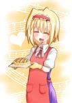  1girl ^_^ alice_margatroid apron blonde_hair closed_eyes dress_shirt fang hairband heart musical_note open_mouth oven_mitts pie ribbon shirt short_hair smile solo takorice touhou 