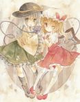  2girls blonde_hair flandre_scarlet grey_eyes hat hat_ribbon heart holding_hands interlocked_fingers kagome_f komeiji_koishi long_sleeves multiple_girls open_mouth puffy_sleeves red_eyes ribbon shirt short_sleeves silver_hair skirt skirt_set smile third_eye touhou traditional_media watercolor_(medium) wide_sleeves wings wink wrist_cuffs 