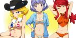  3girls :t american_flag_bikini arms_behind_head bikini blonde_hair blue_eyes blush breasts cleavage closed_eyes danball_senki earmuffs flag_print hairu hanasaki_ran hand_on_hip hat highres hoodie jessica_kaios kawamura_ami looking_at_viewer midriff mound_of_venus multiple_girls navel ponytail purple_hair redhead smile striped striped_swimsuit swimsuit twintails under_boob violet_eyes 