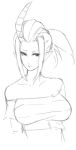  1girl bare_shoulders breasts eu03 horn large_breasts long_hair pointy_ears ponytail prison_clothes scythana sketch skullgirls solo sweatdrop 