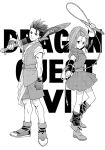  1boy 1girl barbara belt boots dragon_quest dragon_quest_vi dress earrings fingerless_gloves gloves hero_(dq6) high_ponytail jewelry monochrome ooshima_towa scabbard sheath short_dress short_hair smile spiky_hair sword title_drop weapon whip 