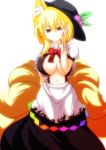  1girl animal_ears blonde_hair breasts dress food fox_ears fox_tail fruit hat hinanawi_tenshi_(cosplay) merry_(diameri) multiple_tails navel peach red_eyes solo tail touhou yakumo_ran 