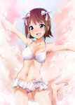  1girl :d amami_haruka aqua_eyes barefoot bikini blush bow breasts brown_hair cleavage hair_bow idolmaster kaiga leg_up mound_of_venus open_mouth outstretched_arms short_hair skirt smile solo sparkle swimsuit 