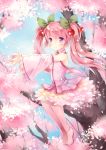  1girl boots cherry_blossoms detached_sleeves hatsune_miku in_tree long_hair petals pink_eyes pink_hair sakura_miku sitting sitting_in_tree skirt solo thigh-highs thigh_boots tree twintails vocaloid wataame27 