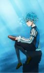  1boy blue_eyes blue_hair book bubble caster_(fate/extra_ccc) fate/extra_ccc fate_(series) highres shiori_(1095951) solo underwater 