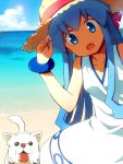  1girl beach blue_eyes blue_hair dog dress hat highres ikamusume k.ei long_hair looking_at_viewer ocean open_mouth shinryaku!_ikamusume solo straw_hat tentacle_hair 