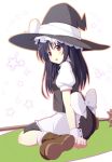  1girl apron black_dress black_hair boots broom dress hakurei_reimu hat hat_ribbon kirisame_marisa kirisame_marisa_(cosplay) long_hair looking_at_viewer open_mouth puffy_sleeves ribbon shefu shirt short_hair sitting solo star touhou turning violet_eyes waist_apron wariza witch_hat 