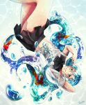  1girl absurdres aqua_eyes aqua_hair bottle_miku fish hatsune_miku highres liquid_hair long_hair midriff skirt smile solo soranokanata twintails upside-down very_long_hair vocaloid water wet 