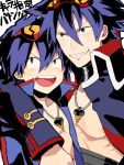 2boys adult arm_around_shoulder blue_hair core_drill fujieda_(8723a) goggles goggles_on_head grin multiple_boys multiple_persona open_mouth shirtless simon smile tegaki tengen_toppa_gurren_lagann young 