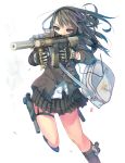  1girl assault_rifle bag blue_eyes brown_hair daito flashlight foregrip gloves gun hairband highres holster kneehighs long_hair omamori original pistol scarf school_uniform skirt suppressor thigh_holster weapon 