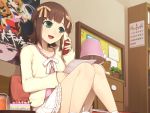  1girl amami_haruka blush brown_hair cake calendar_(object) cellphone chest_of_drawers drink food green_eyes hair_ribbon hitoto idolmaster lamp open_mouth paper phone plant poster_(object) potted_plant ribbon short_hair sitting skirt smile solo stuffed_animal stuffed_toy teddy_bear 