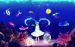  1girl alternate_color aqua_eyes aqua_hair barefoot candle dress fish floating_hair hatsune_miku highres shinkai_shoujo_(vocaloid) solo underwater vocaloid yumeno_(rubbercup) 