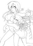  2girls ^_^ absurdres alternate_costume bikini braid breast_smother breasts child closed_eyes clouds flandre_scarlet glomp hair_ribbon highres hong_meiling hug hug_from_behind large_breasts lineart long_hair mattari_yufi monochrome multiple_girls navel open_mouth ribbon shirt side_ponytail skirt smile swimsuit touhou twin_braids wings 