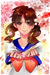  1girl brown_hair cherry_blossoms crayon_shin-chan lips outstretched_hand petals sakurada_nene school solo surume_(sumidori) twintails uniform 