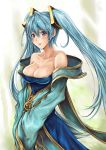  1girl :p bare_shoulders blue_eyes blue_hair blush breasts cleavage erementa league_of_legends long_hair musical_note solo sona_buvelle tongue twintails 