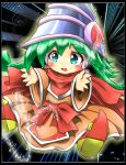  1girl blue_eyes blush duel_monster fang green_hair hat highres long_hair miracle_flipper open_mouth silenceblack smile solo wizard_hat yuu-gi-ou 