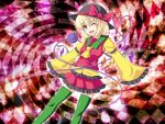  1girl ascot blonde_hair bow eyeball fal_(falketto) fang flandre_scarlet fusion hat komeiji_koishi long_sleeves miniskirt open_mouth red_eyes ribbon short_hair skirt sleeves_past_wrists smile solo thigh-highs third_eye touhou wings zettai_ryouiki 