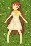  1girl absurdres barefoot brown_hair child grass hayake_(chenran) highres long_hair malon ocarina_of_time pointy_ears sleeping smile solo the_legend_of_zelda 