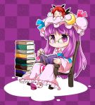  2girls bat_wings bespectacled book book_stack byourou chair checkered checkered_background chibi chibi_on_head crescent dress glasses hat head_wings koakuma long_hair long_sleeves multiple_girls o_o open_clothes open_coat patchouli_knowledge pointy_ears purple_background purple_dress purple_hair reading redhead sitting striped striped_dress touhou very_long_hair violet_eyes wide_sleeves wings 