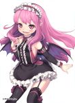  1girl bare_shoulders bat_wings fang fangs garter_straps kishibe long_hair looking_at_viewer open_mouth original pink_eyes pink_hair pointy_ears skirt smile solo thigh-highs wings 