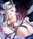  1girl ass back backless_outfit black_wings blue_eyes bodysuit breasts demon_girl demon_horns demon_tail detached_sleeves earrings facial_mark glasses jewelry large_breasts long_hair looking_at_viewer lying masao on_stomach original pointy_ears revealing_clothes sideboob silver_hair tail turning wings 