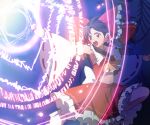  1girl anime_coloring armpits ascot black_hair bloomers bow brown_eyes detached_sleeves hair_bow hair_tubes hakurei_reimu knee_up long_hair looking_away magic_circle midriff navel ofuda open_mouth outstretched_arms payot sarashi skirt skirt_set solo torisuke_(koinohito) touhou underwear 