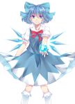  1girl apple blue_eyes blue_hair bow cirno food fruit hair_bow ice ice_wings looking_at_viewer outstretched_arm outstretched_hand puffy_sleeves shinoyu_(rhombus) shirt short_sleeves simple_background skirt skirt_set solo touhou vest white_background wings 