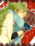  2boys ahoge blush closed_eyes green_hair heart hug kiss long_hair multiple_boys n_(pokemon) pink_usagi pokemon pokemon_(game) pokemon_bw short_hair touya_(pokemon) yaoi 