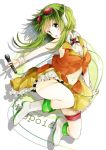  1girl boots garters goggles goggles_on_head green_eyes green_hair gumi headphones looking_at_viewer microphone navel noki_(potekoro) short_hair skirt smile solo thighs vocaloid 