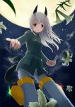  1girl aksman animal_ears card clouds eila_ilmatar_juutilainen flower full_moon grey_hair long_hair looking_at_viewer moon night outstretched_arm solo star_(sky) strike_witches striker_unit tail violet_eyes 