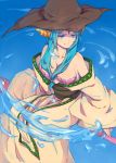 1girl bare_shoulders blue_eyes blue_hair breasts dress hat magi_the_labyrinth_of_magic shell shell_bikini smile solo staff water witch_hat y_xin yamuraiha 