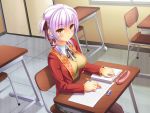  1girl classroom desk highres original purple_hair solo yellow_eyes yujin-yujin 